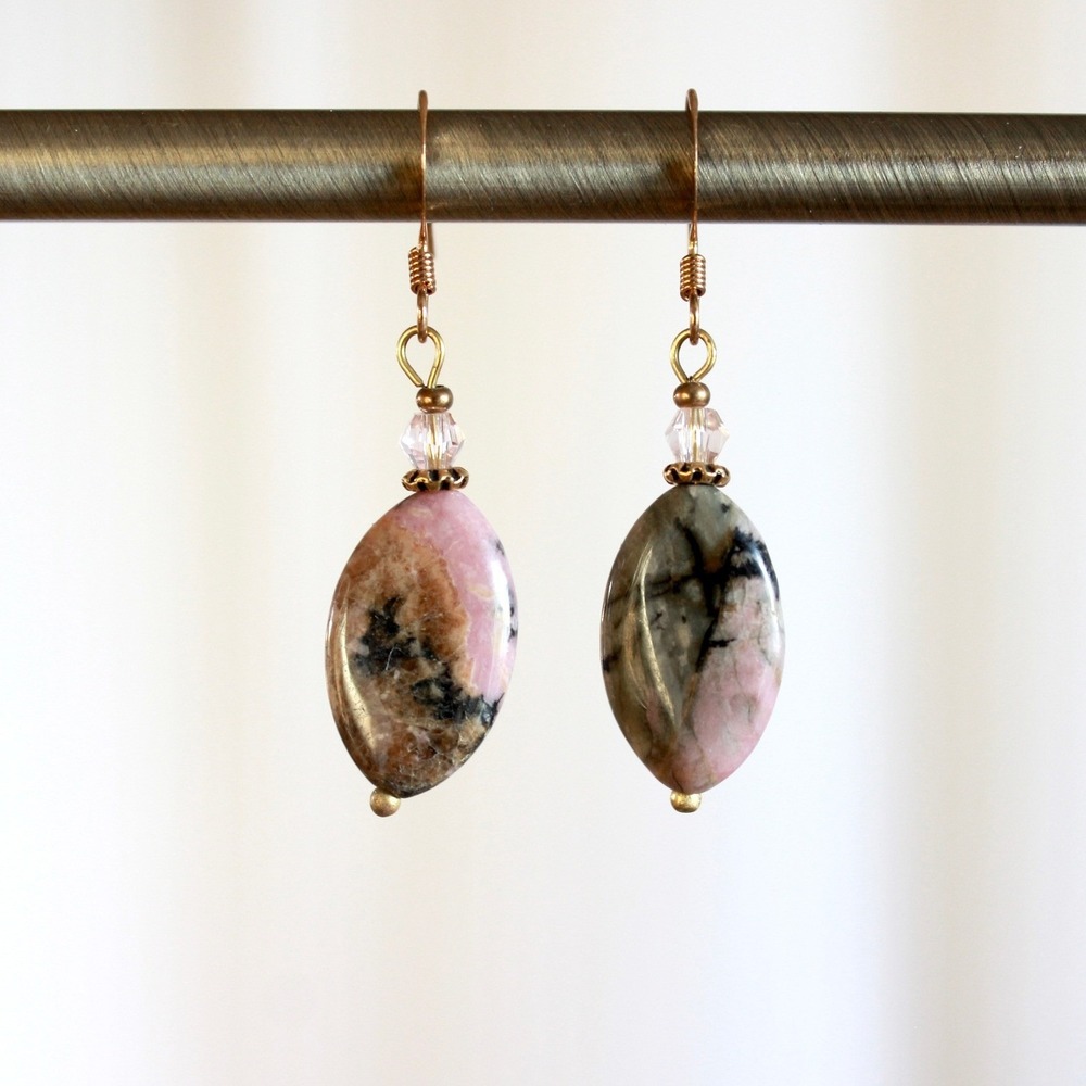 Handmade Rhodonite‎ Gemstone Dangle Earrings Pink Brown Marquise Gold Tone J2
